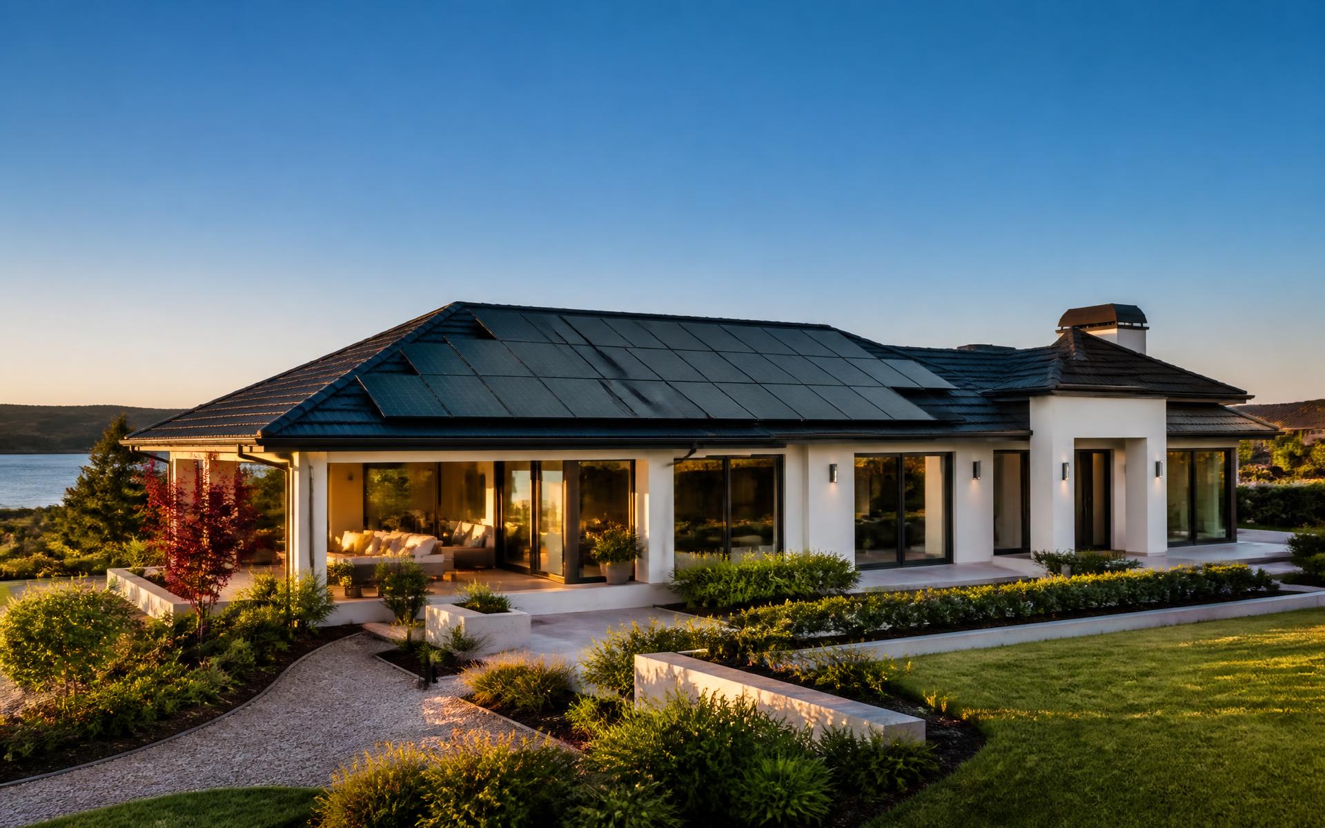 Modern home with a full rooftop solar panel array at golden hour