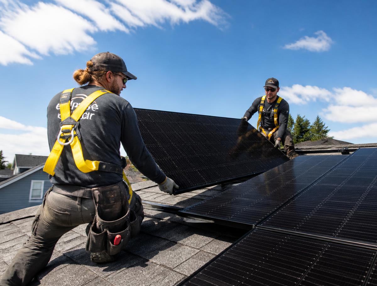 Certified SunPeak installers fitting solar panels on a residential rooftop